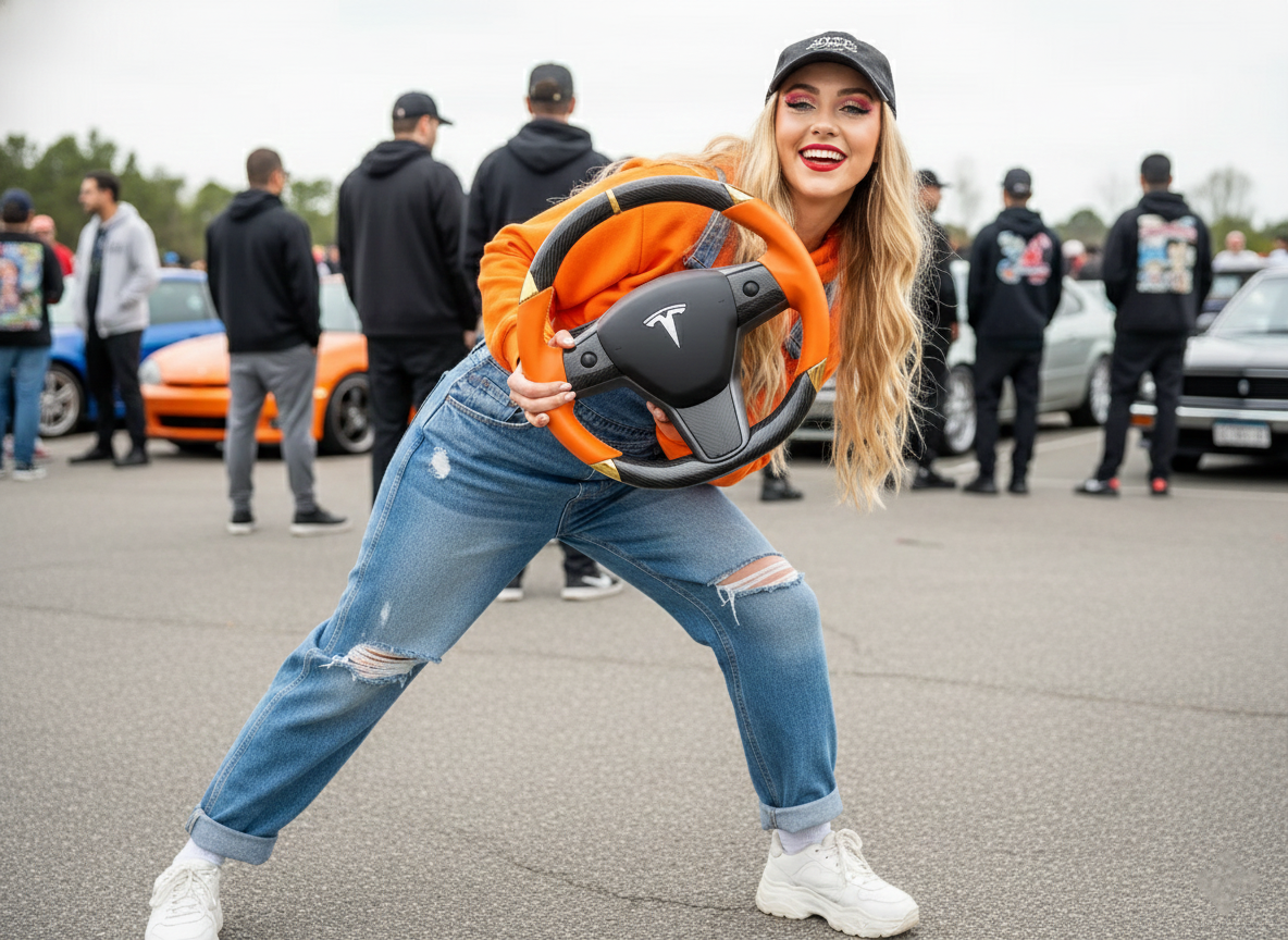 Orange and gold leather black carbon fiber Tesla Model Y steering wheel - DYNA (2020-2024) Axeco