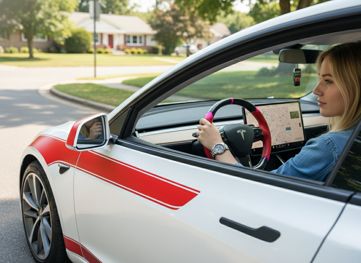 Red and pink Carbon Fiber Tesla Model 3 Custom Steering Wheel -DYNA(2017-2023.9) Axeco
