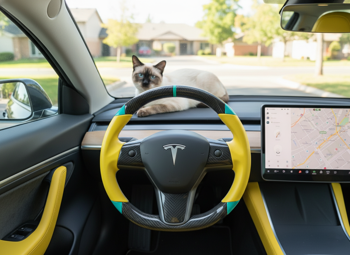 Yellow and light blue leather black carbon fiber Tesla Model Y steering wheel - DYNA (2020-2024) Axeco