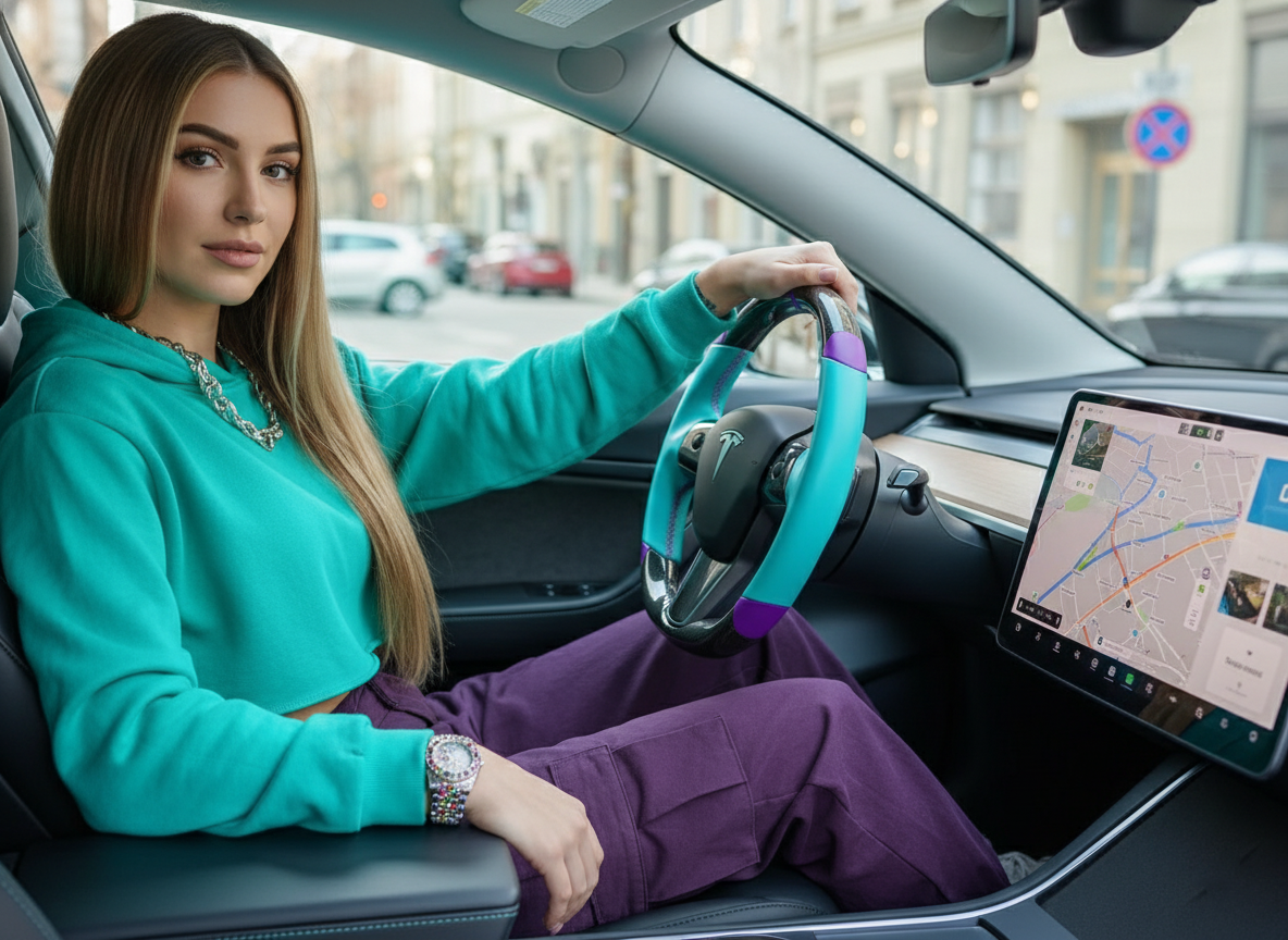 Light blue and purple leather black carbon fiber Tesla Model Y steering wheel - DYNA (2020-2024) Axeco