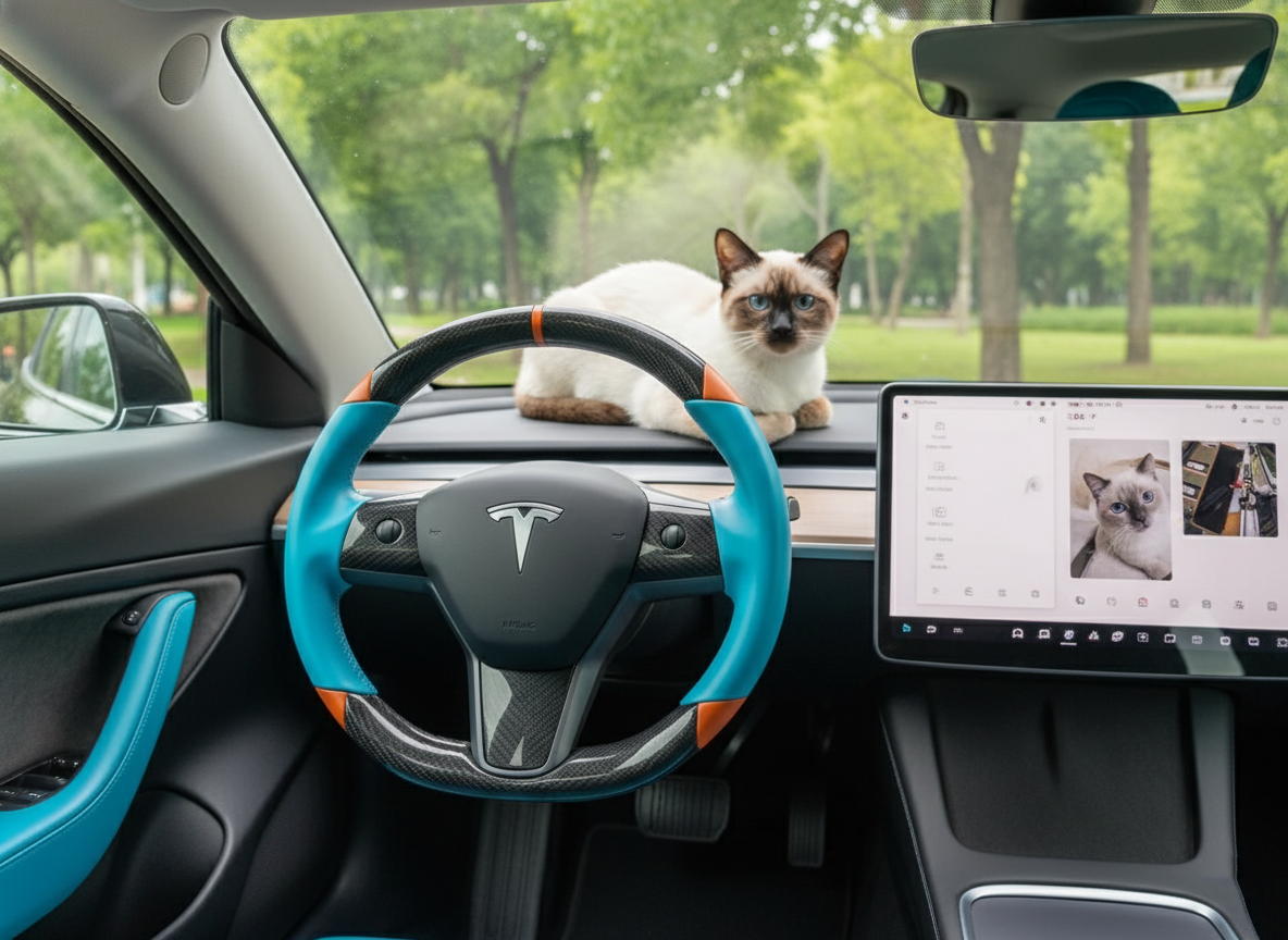 Light blue and orange Carbon Fiber Tesla Model 3 Custom Steering Wheel -DYNA(2017-2023.9) Axeco