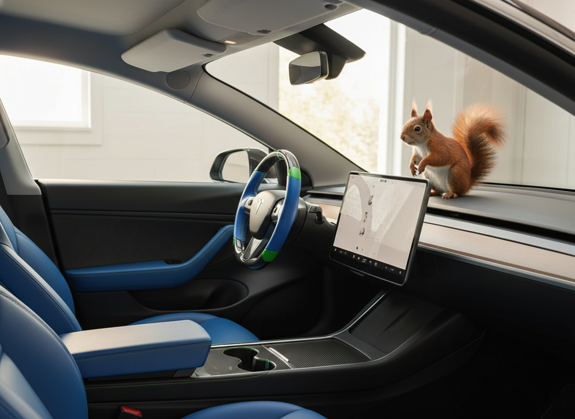 Blue and green leather black carbon fiber Tesla Model Y steering wheel - DYNA (2020-2024) Axeco