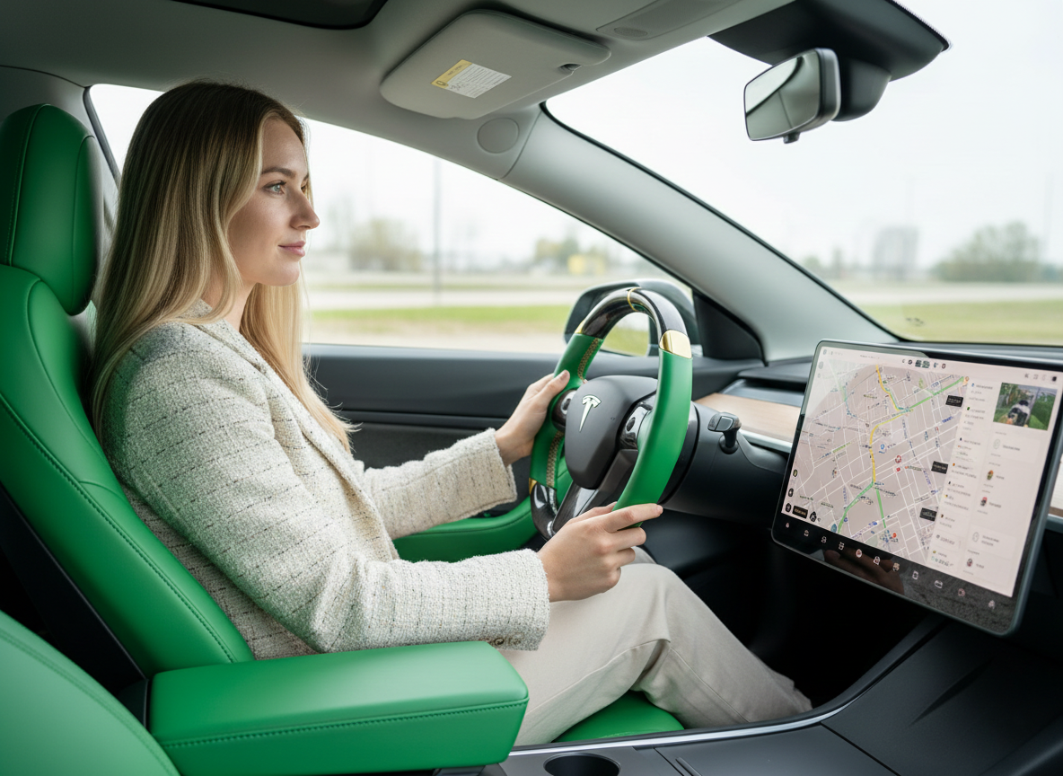 Green and gold leather black carbon fiber Tesla Model Y steering wheel - DYNA (2020-2024) Axeco