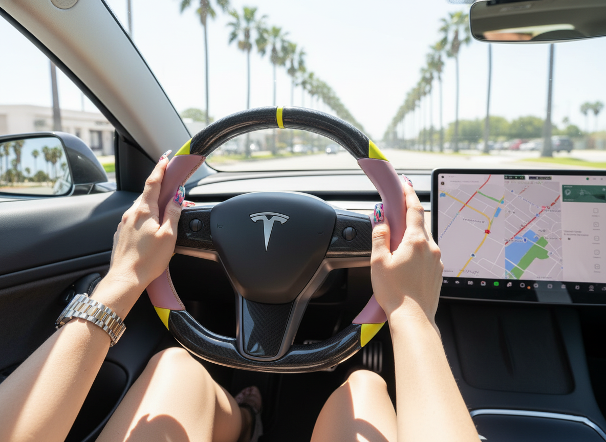 Pink and yellow Carbon Fiber Tesla Model 3 Custom Steering Wheel -DYNA(2017-2023.9) Axeco