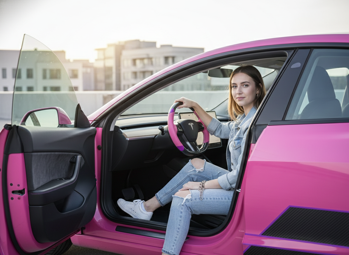 Pink and purple leather black carbon fiber Tesla Model Y steering wheel - DYNA (2020-2024) Axeco