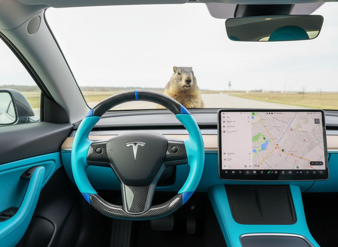 light blue leather black carbon fiber Tesla Model Y steering wheel - DYNA (2020-2024) Axeco