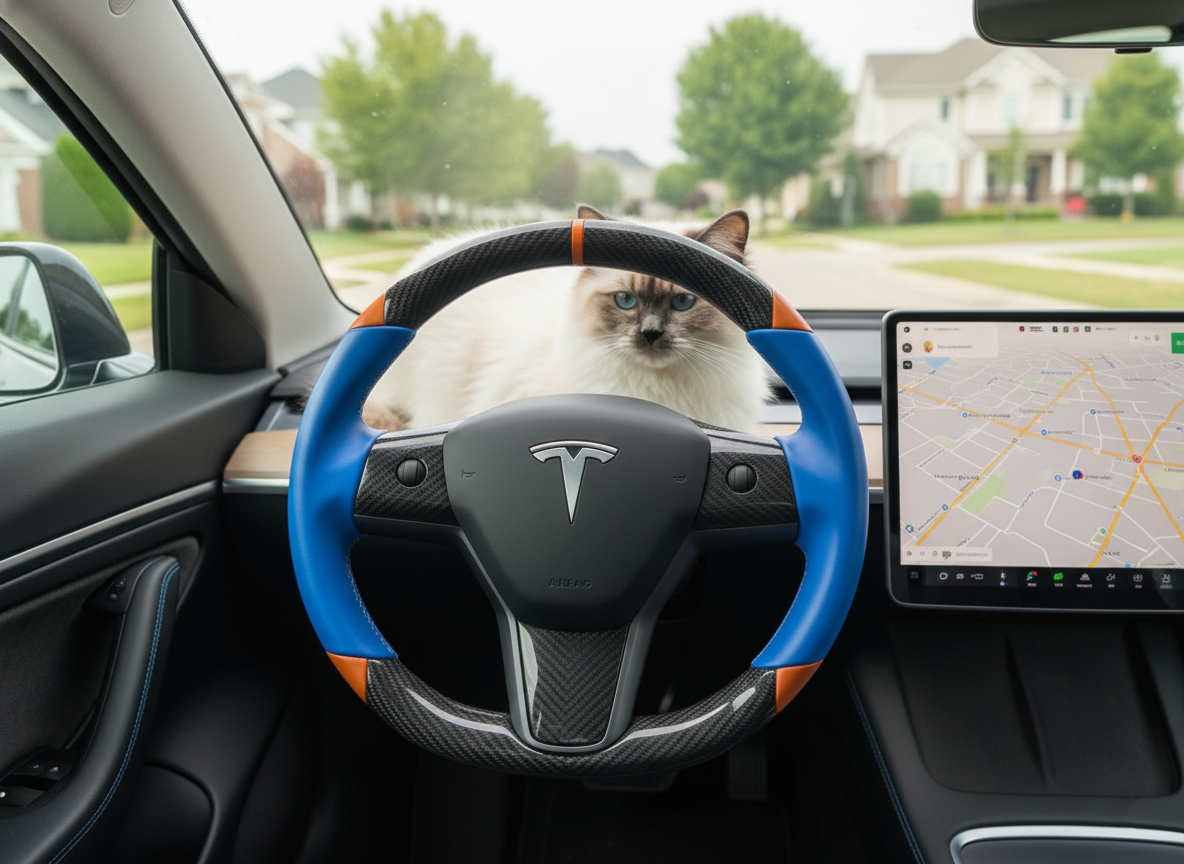 Blue and orange Carbon Fiber Tesla Model 3 Custom Steering Wheel -DYNA(2017-2023.9) Axeco