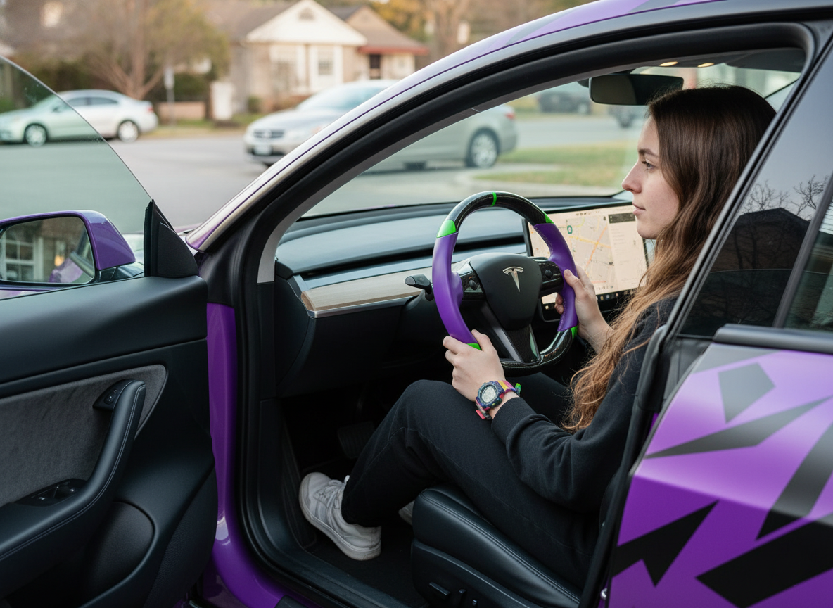 Purple and green leather black carbon fiber Tesla Model Y steering wheel - DYNA (2020-2024) Axeco