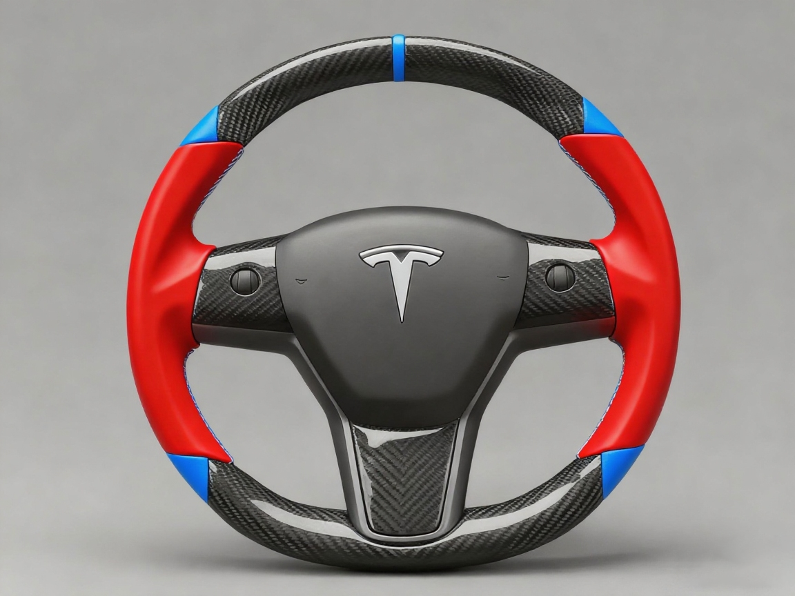 red and blue leather black carbon fiber Tesla Model Y steering wheel - DYNA (2020-2024) Axeco