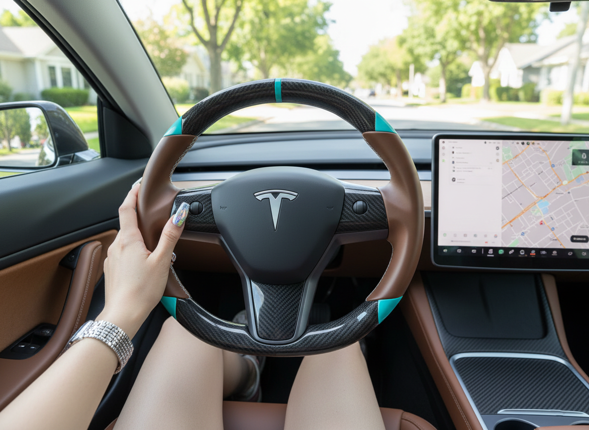 Brown and light blue leather black carbon fiber Tesla Model Y steering wheel - DYNA (2020-2024) Axeco