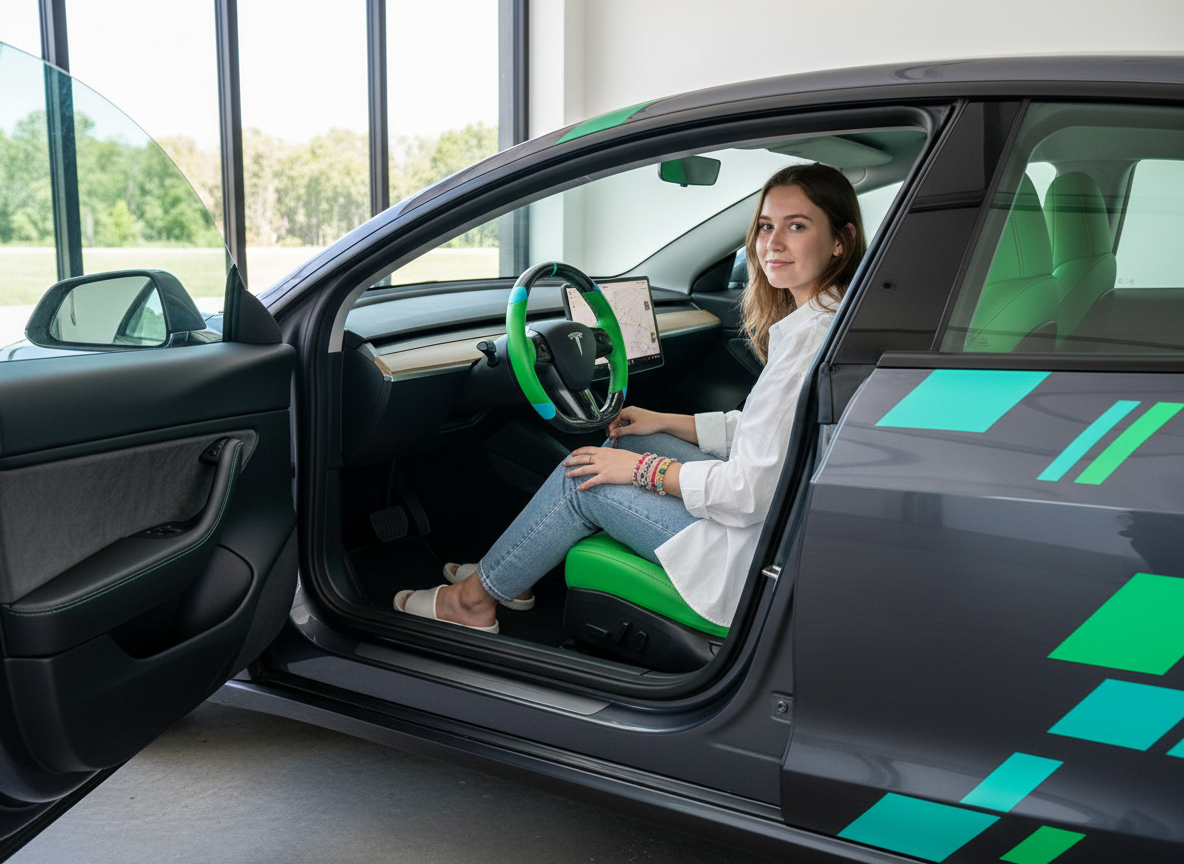 Green and light blue leather black carbon fiber Tesla Model Y steering wheel - DYNA (2020-2024) Axeco