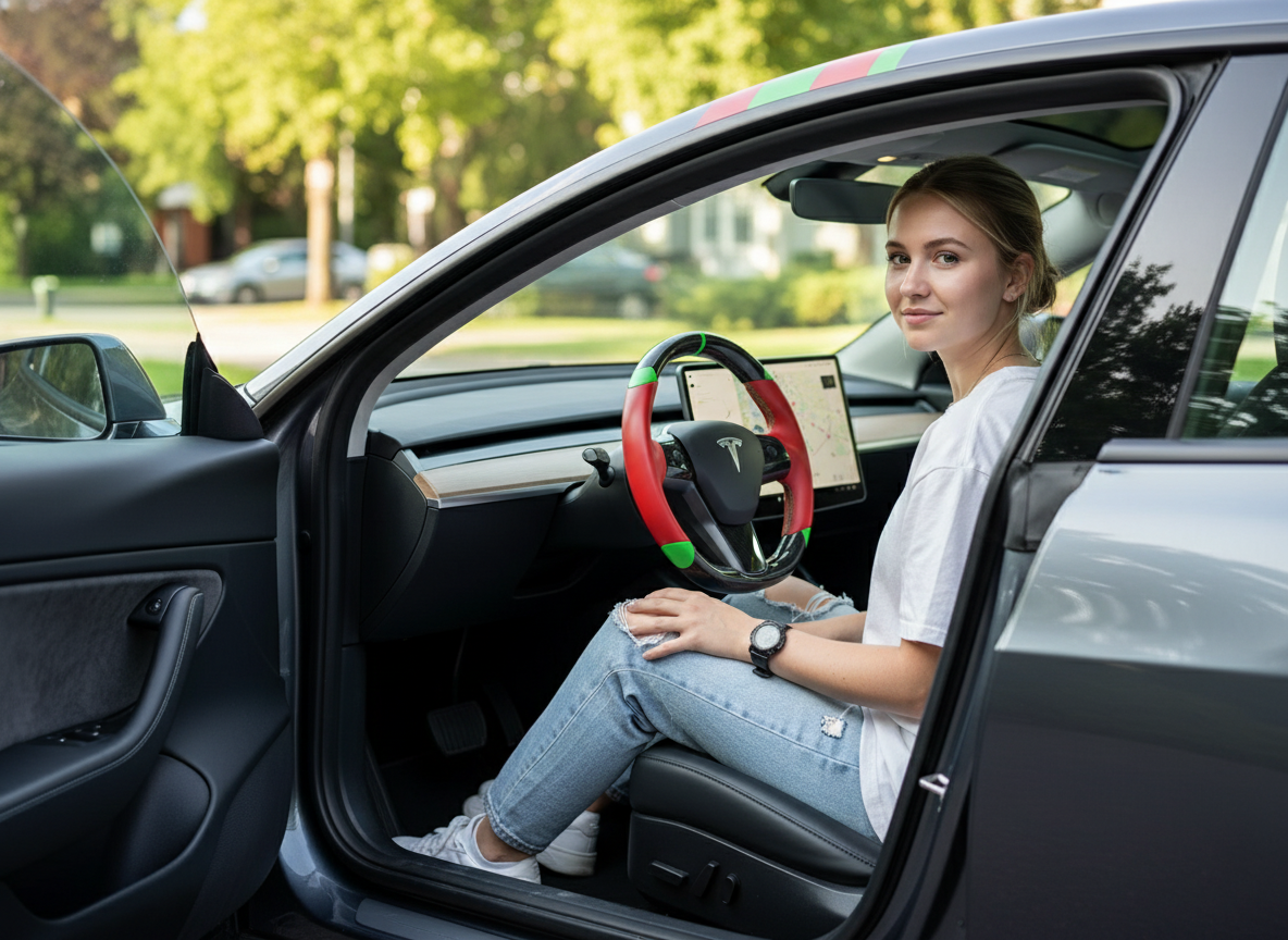 Red and green leather black carbon fiber Tesla Model Y steering wheel - DYNA (2020-2024) Axeco