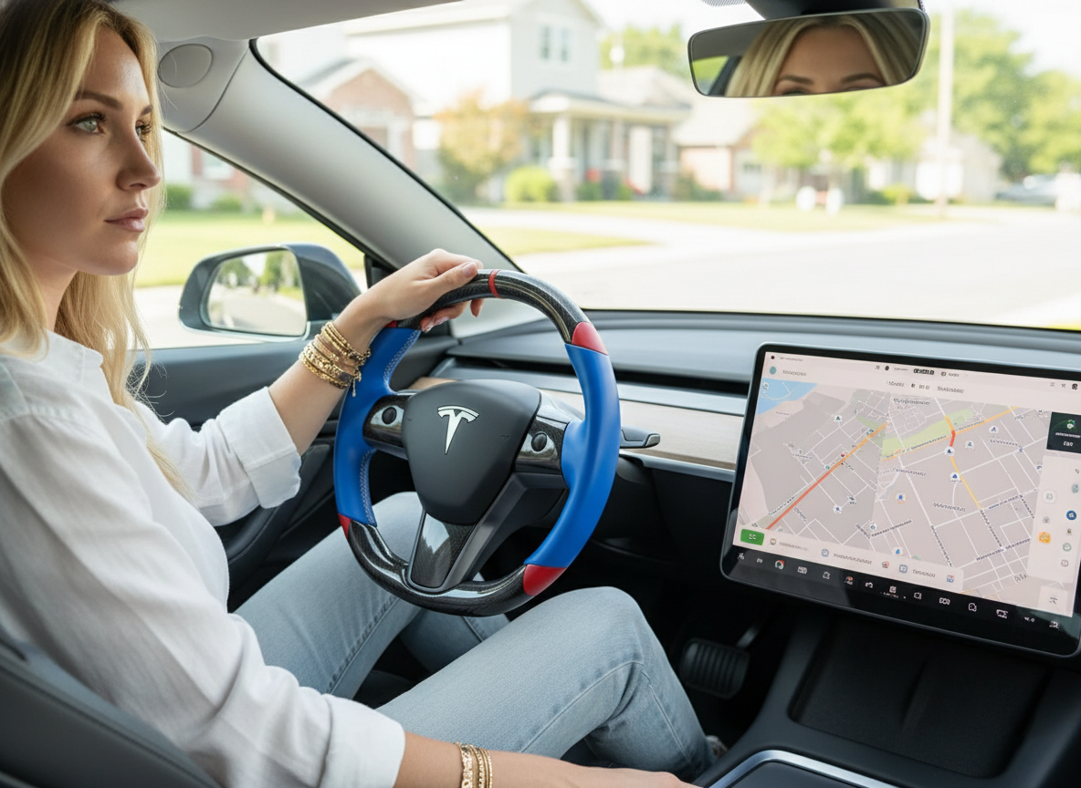 Blue and Red Carbon Fiber Tesla Model 3 Custom Steering Wheel -DYNA(2017-2023.9)