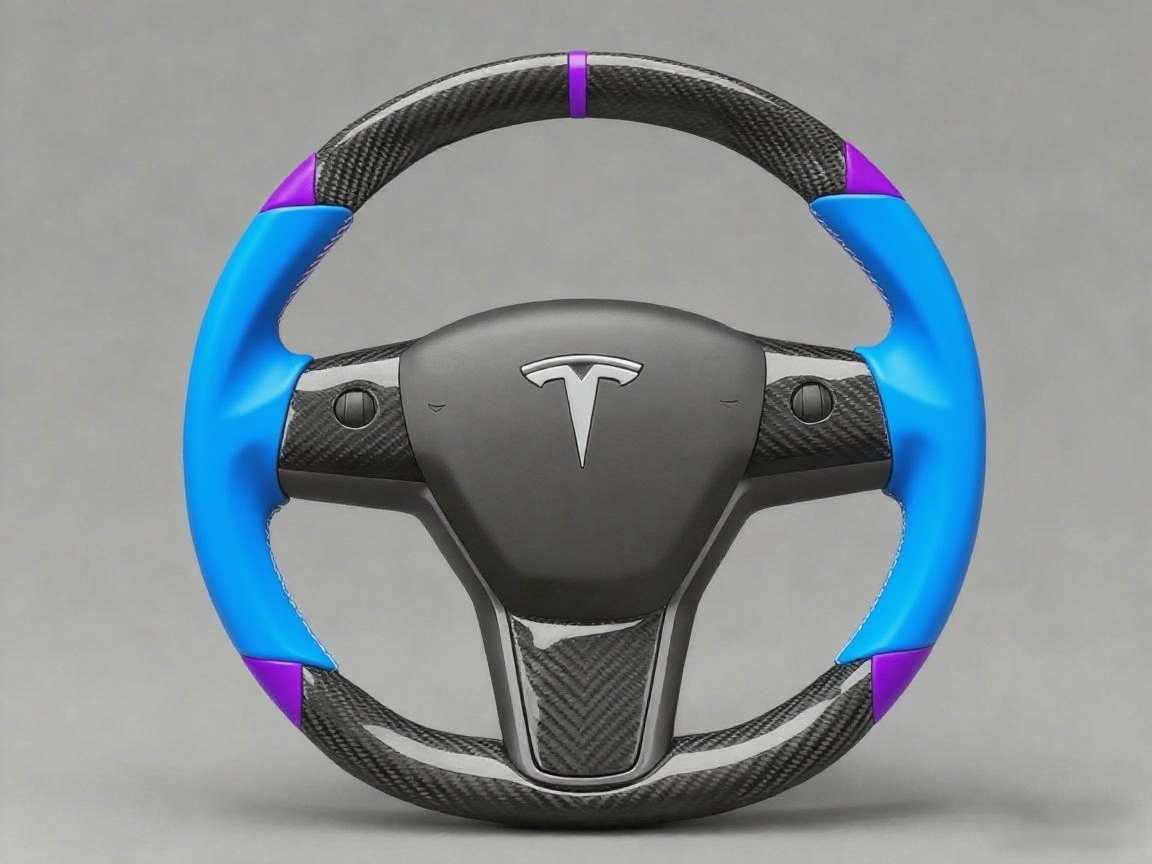 Blue and purple leather black carbon fiber Tesla Model Y steering wheel - DYNA (2020-2024) Axeco