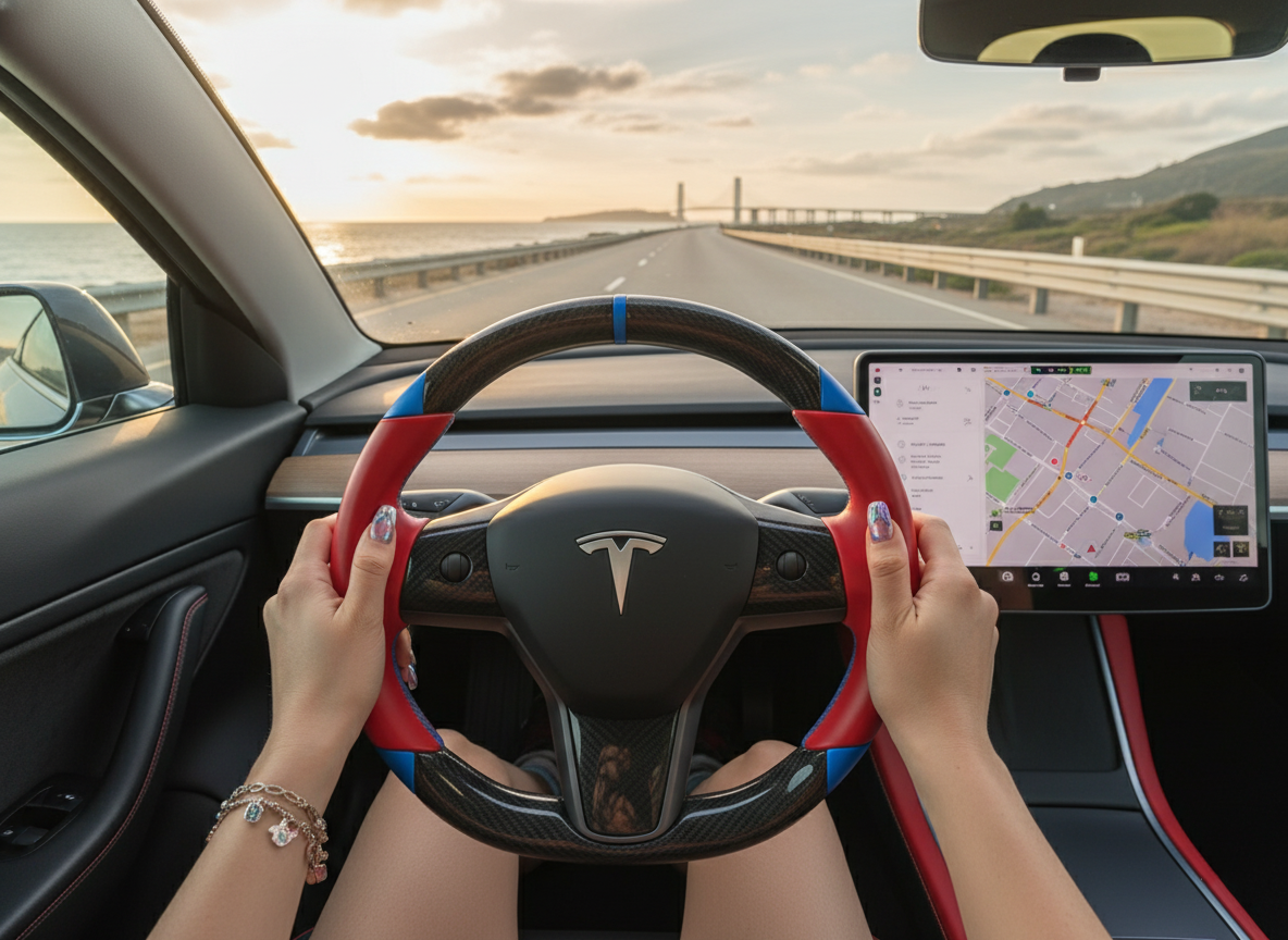 red and blue leather black carbon fiber Tesla Model Y steering wheel - DYNA (2020-2024) Axeco