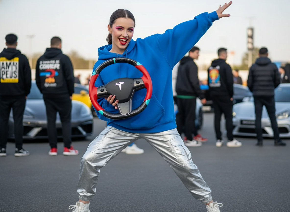 Red and light blue leather black carbon fiber Tesla Model Y steering wheel - DYNA (2020-2024) Axeco