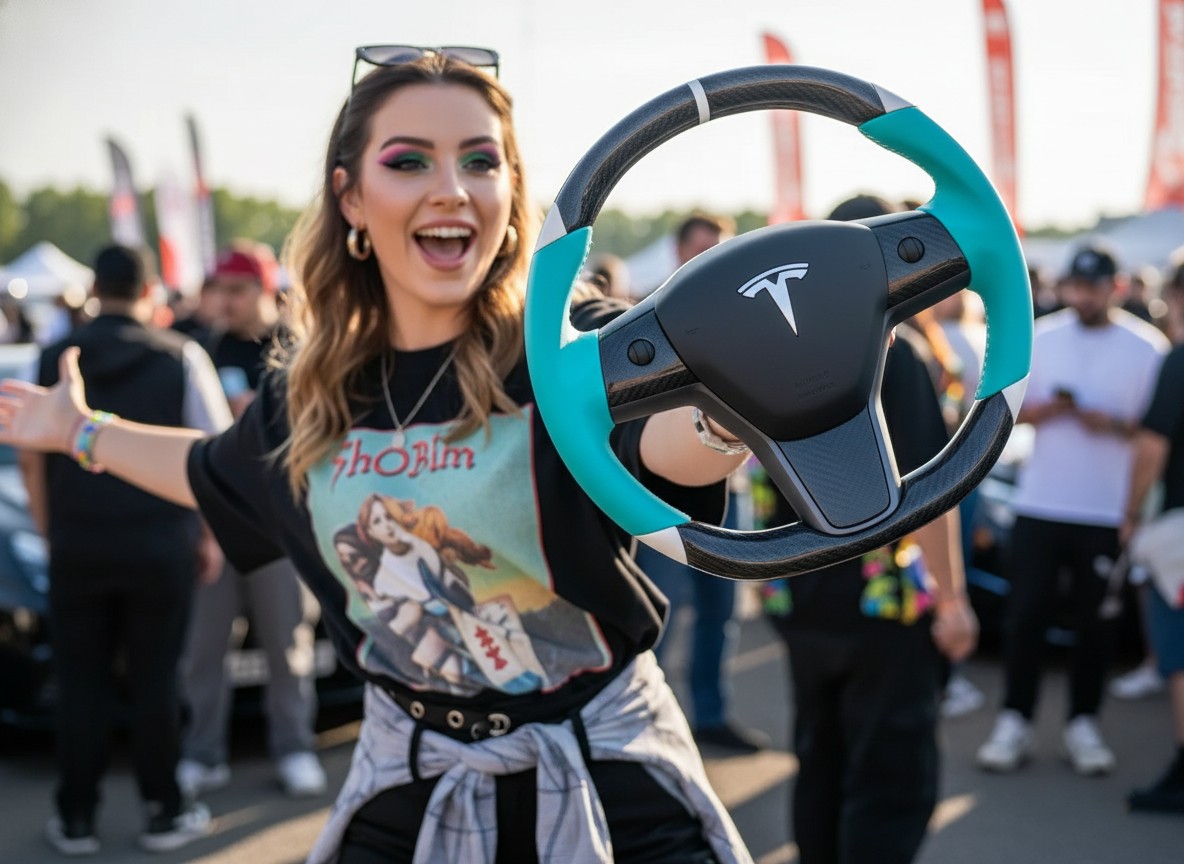 Light blue and white Carbon Fiber Tesla Model 3 Custom Steering Wheel -DYNA(2017-2023.9) Axeco