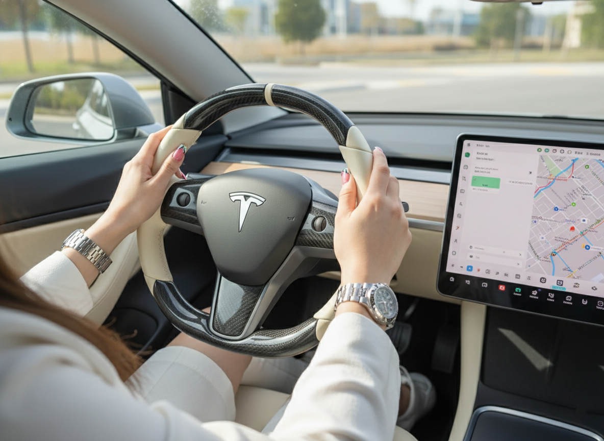 Off-white and black carbon fiber Tesla Model Y steering wheel - DYNA (2020-2024) Axeco