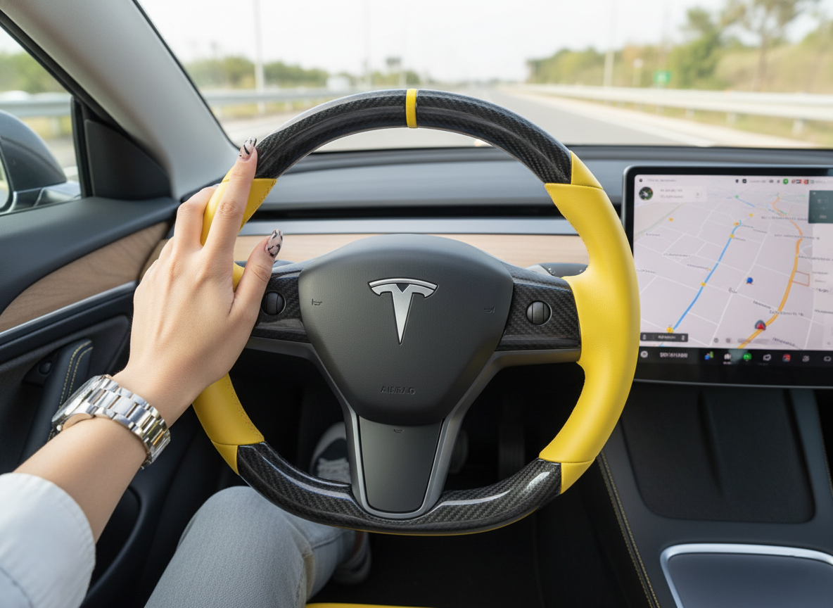 Black and Yellow Carbon Fiber Leather Tesla Model 3 Steering Wheel - DYNA (2017 - 2023.8) Axeco