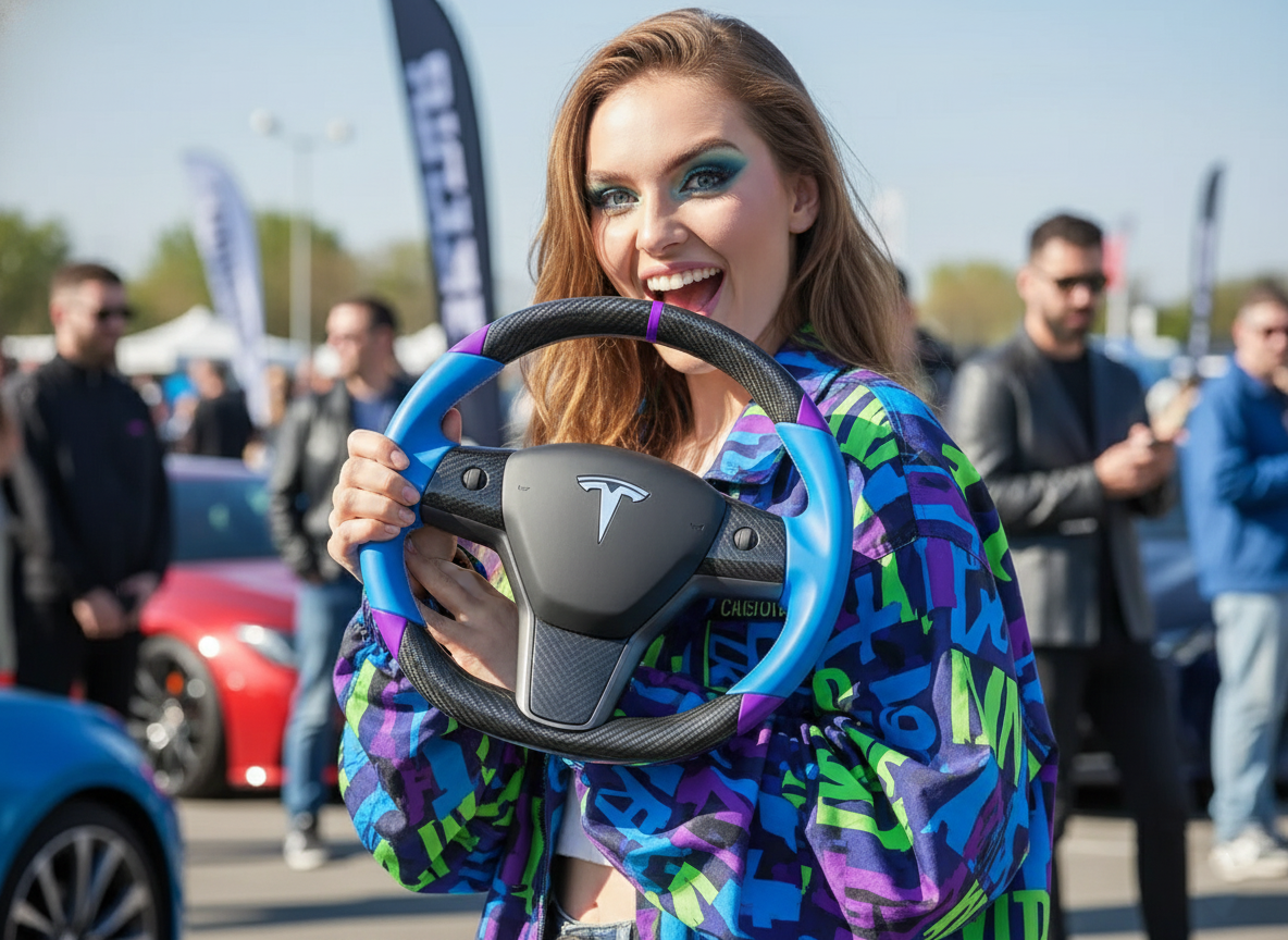 Blue and purple leather black carbon fiber Tesla Model Y steering wheel - DYNA (2020-2024) Axeco