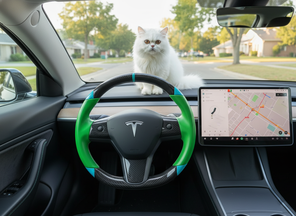 Green and light blue leather black carbon fiber Tesla Model Y steering wheel - DYNA (2020-2024) Axeco