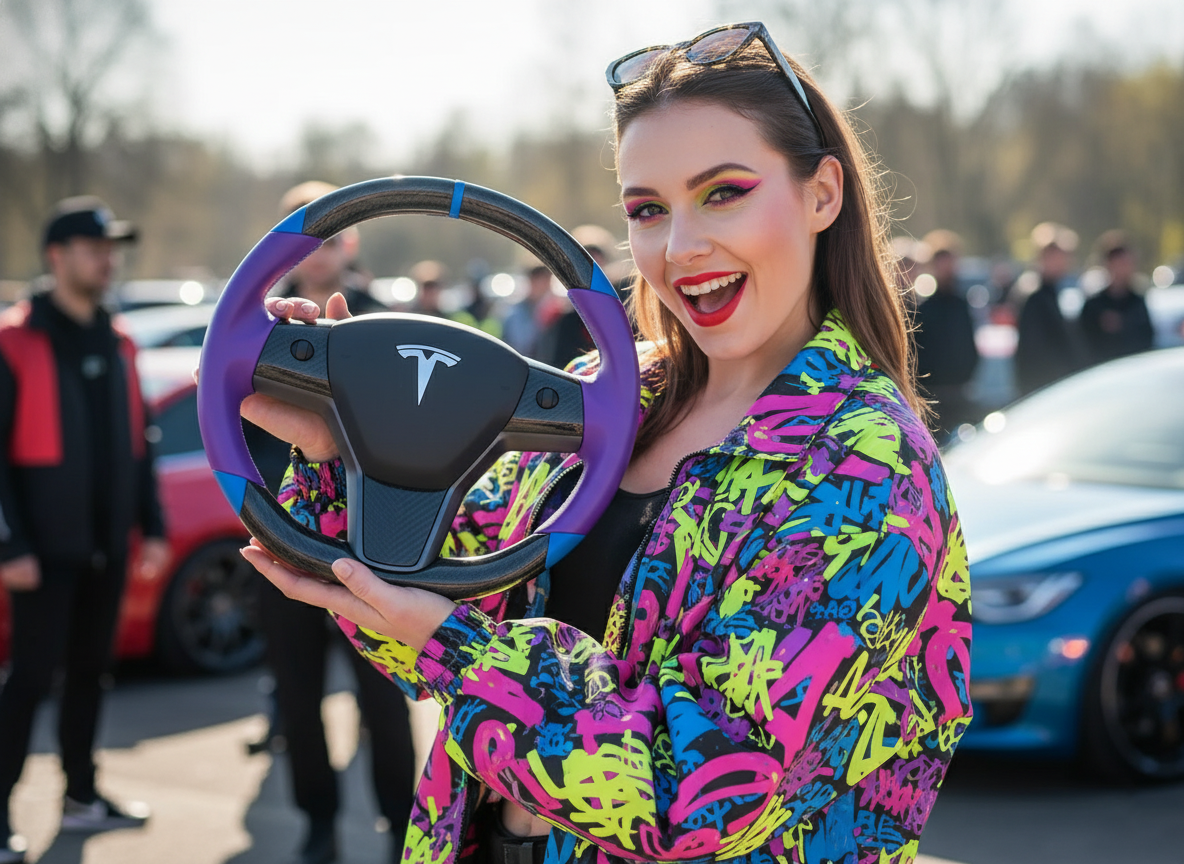 Purple and blue leather black carbon fiber Tesla Model Y steering wheel - DYNA (2020-2024) Axeco