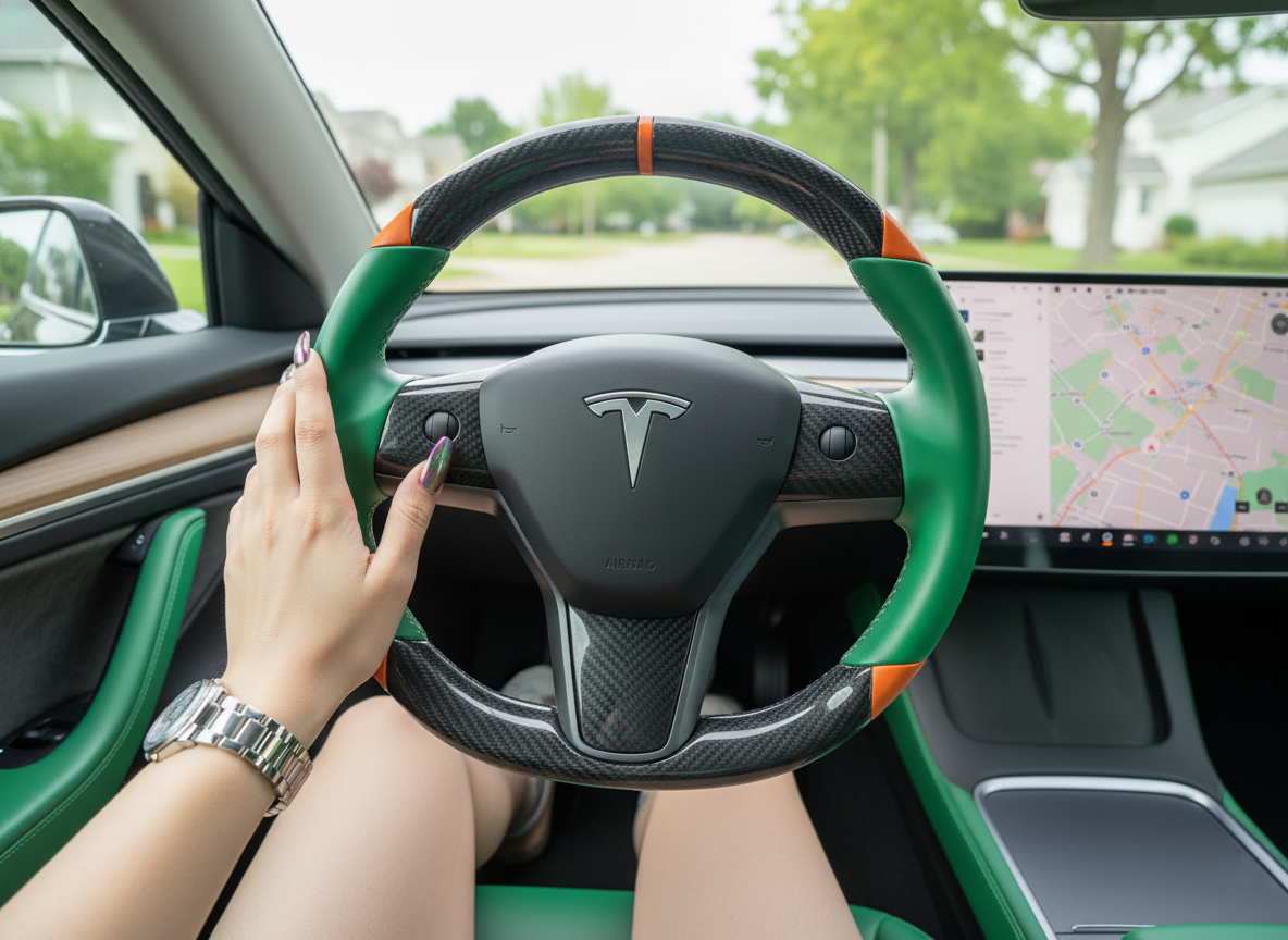 Green and orange Carbon Fiber Tesla Model 3 Custom Steering Wheel -DYNA(2017-2023.9) Axeco