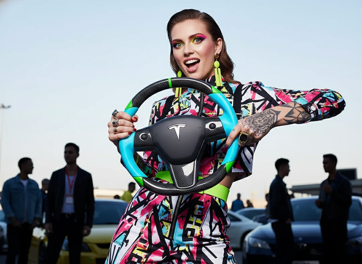 Blue and green leather black carbon fiber Tesla Model Y steering wheel - DYNA (2020-2024) Axeco