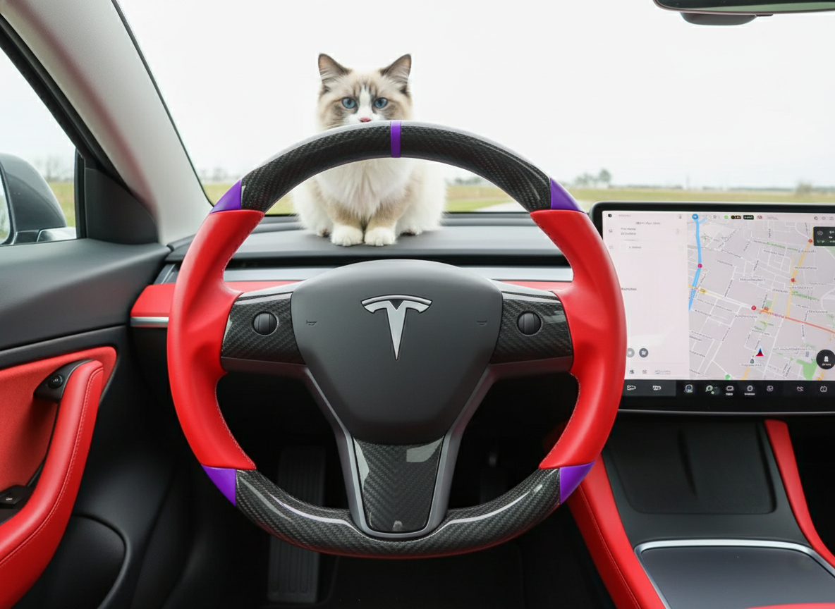 Red and purple leather black carbon fiber Tesla Model Y steering wheel - DYNA (2020-2024) Axeco