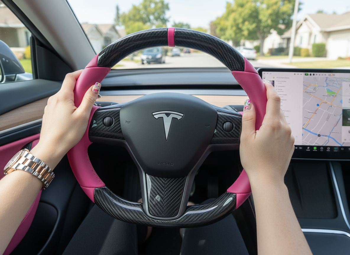 Pink Carbon Fiber Tesla Model Y Steering Wheel - DYNA (2020-2024) Axeco