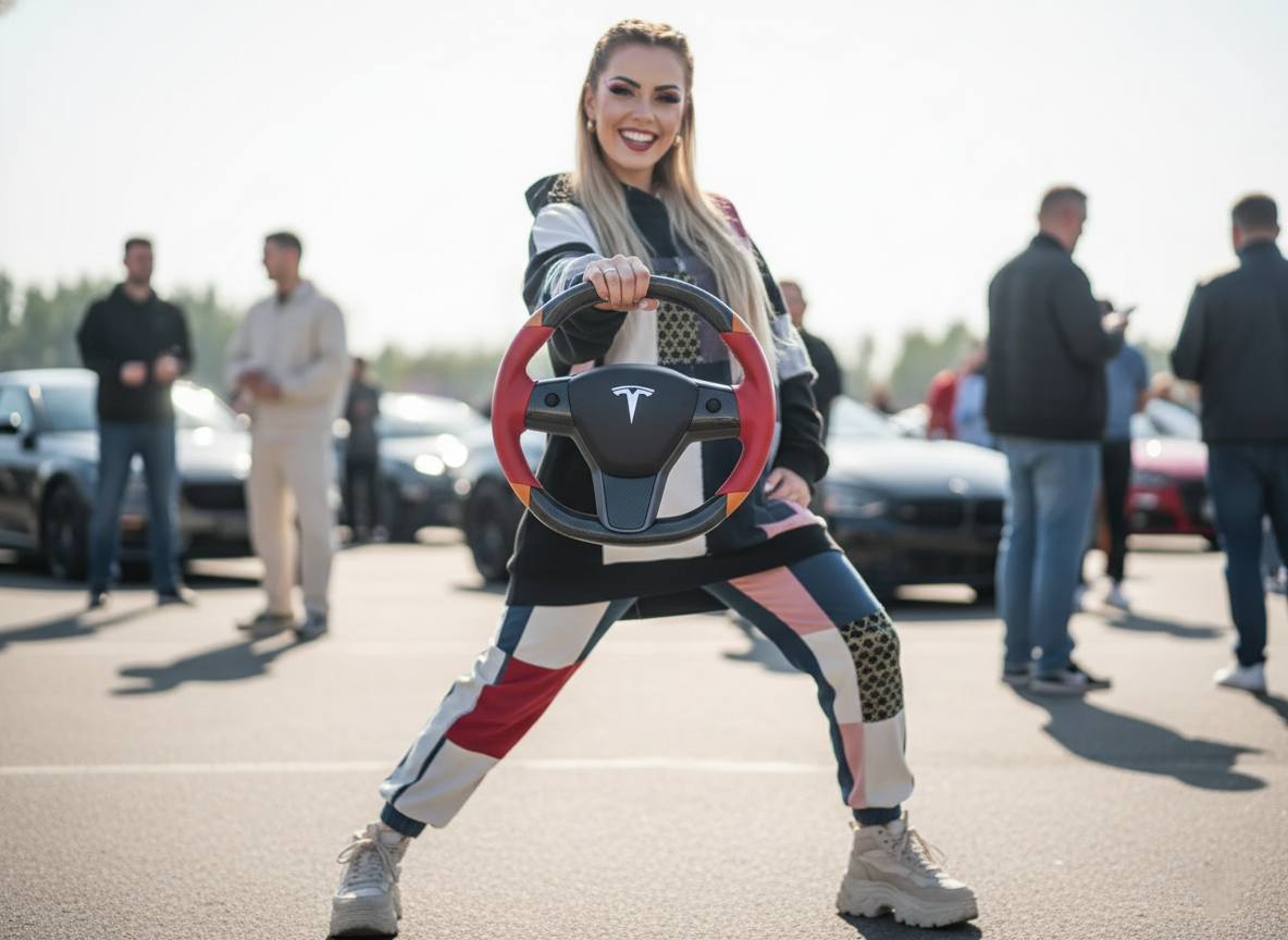 Red and orange Carbon Fiber Tesla Model 3 Custom Steering Wheel -DYNA(2017-2023.9) Axeco