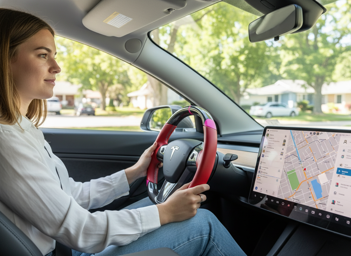 Red and pink Carbon Fiber Tesla Model 3 Custom Steering Wheel -DYNA(2017-2023.9) Axeco