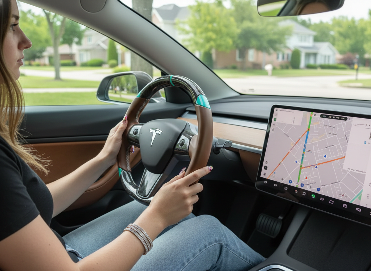 Brown and light blue leather black carbon fiber Tesla Model Y steering wheel - DYNA (2020-2024) Axeco