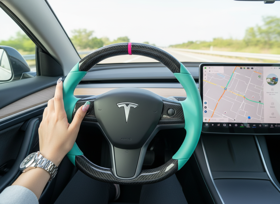 Mint Green Carbon Fiber Tesla Model 3 Steering Wheel-DYNA(2017.2023.8) Axeco