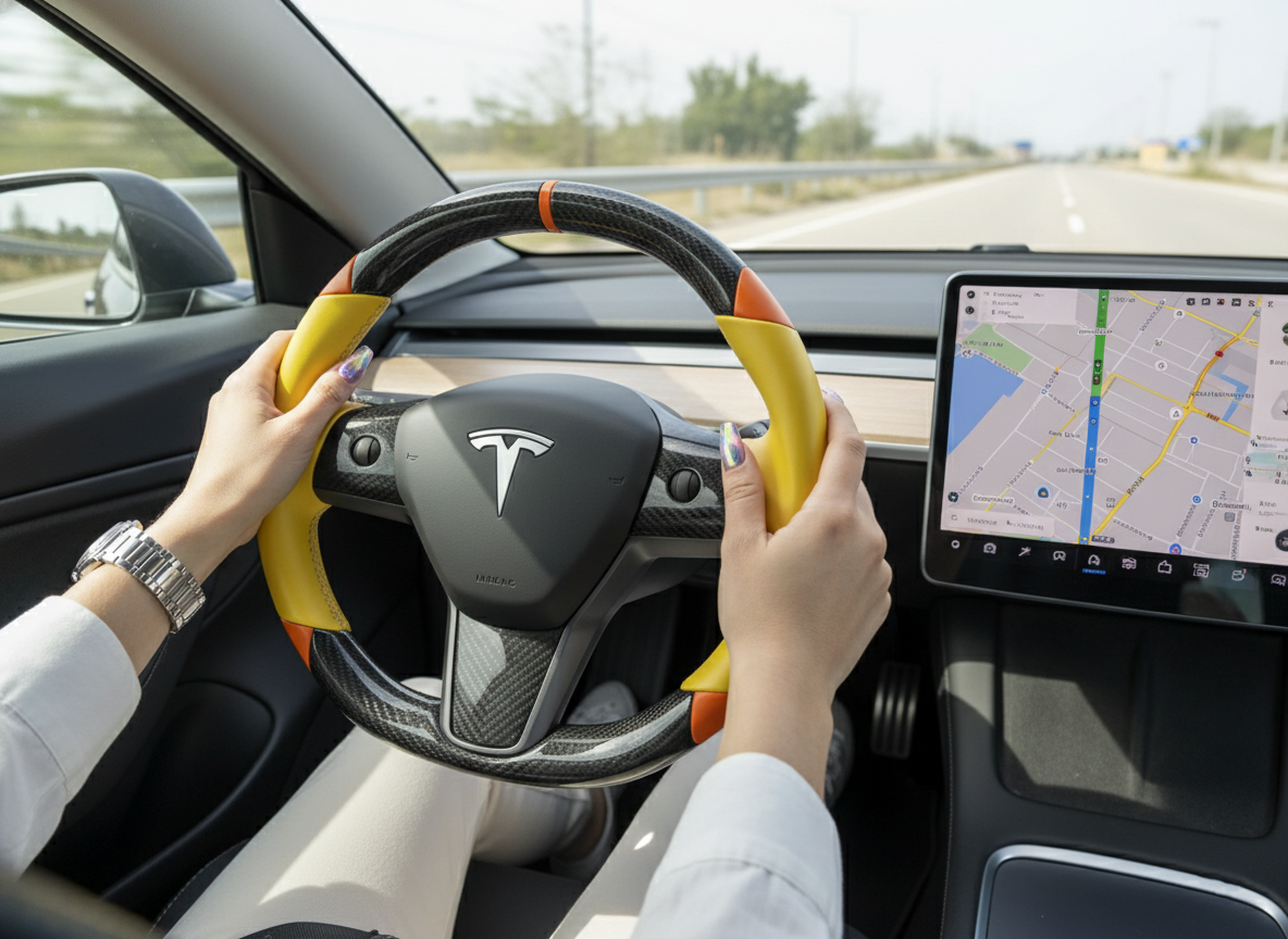 Yellow and orange Carbon Fiber Tesla Model 3 Custom Steering Wheel -DYNA(2017-2023.9) Axeco