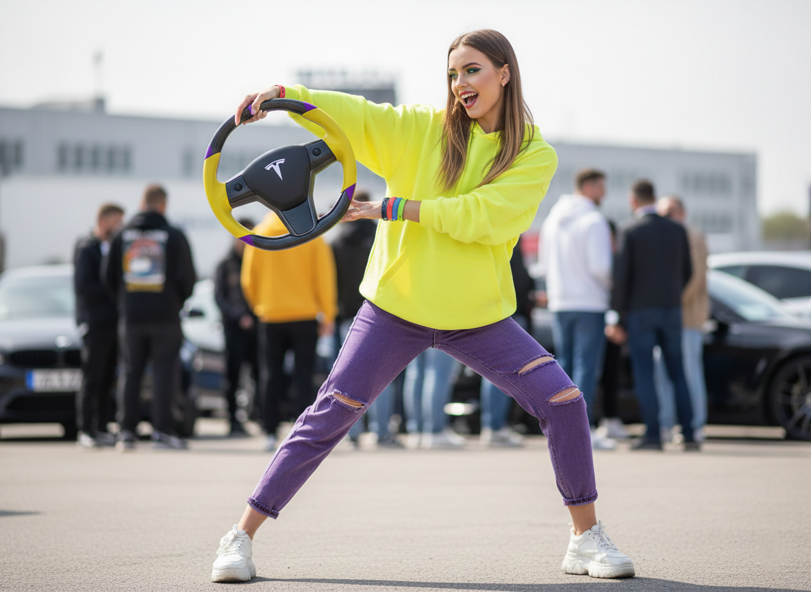 Yellow and purple leather black carbon fiber Tesla Model Y steering wheel - DYNA (2020-2024) Axeco