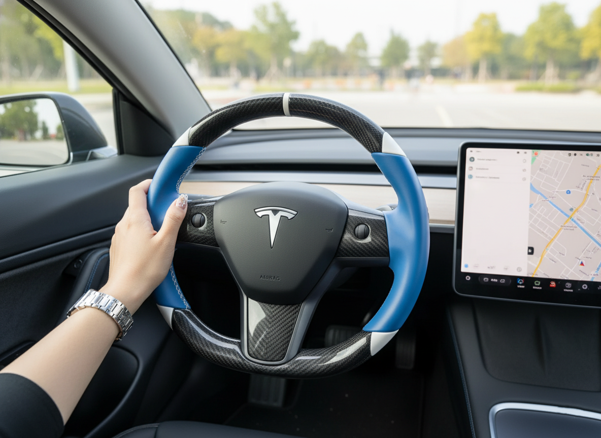 Blue-White Carbon Fiber Tesla Model 3 Custom Steering Wheel -DYNA(2017-2023.9) Axeco