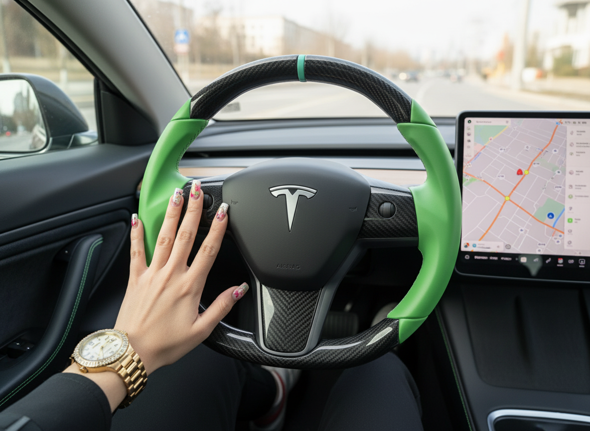 Green leather black carbon fiber Tesla Model Y steering wheel - DYNA (2020-2024) Axeco