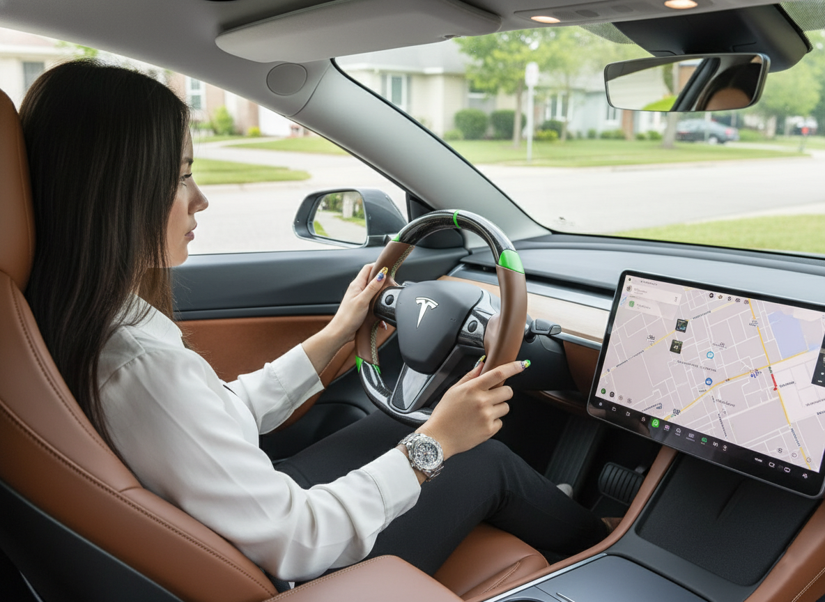 Brown and green leather black carbon fiber Tesla Model Y steering wheel - DYNA (2020-2024) Axeco