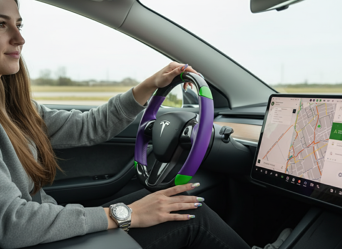 Purple and green leather black carbon fiber Tesla Model Y steering wheel - DYNA (2020-2024) Axeco