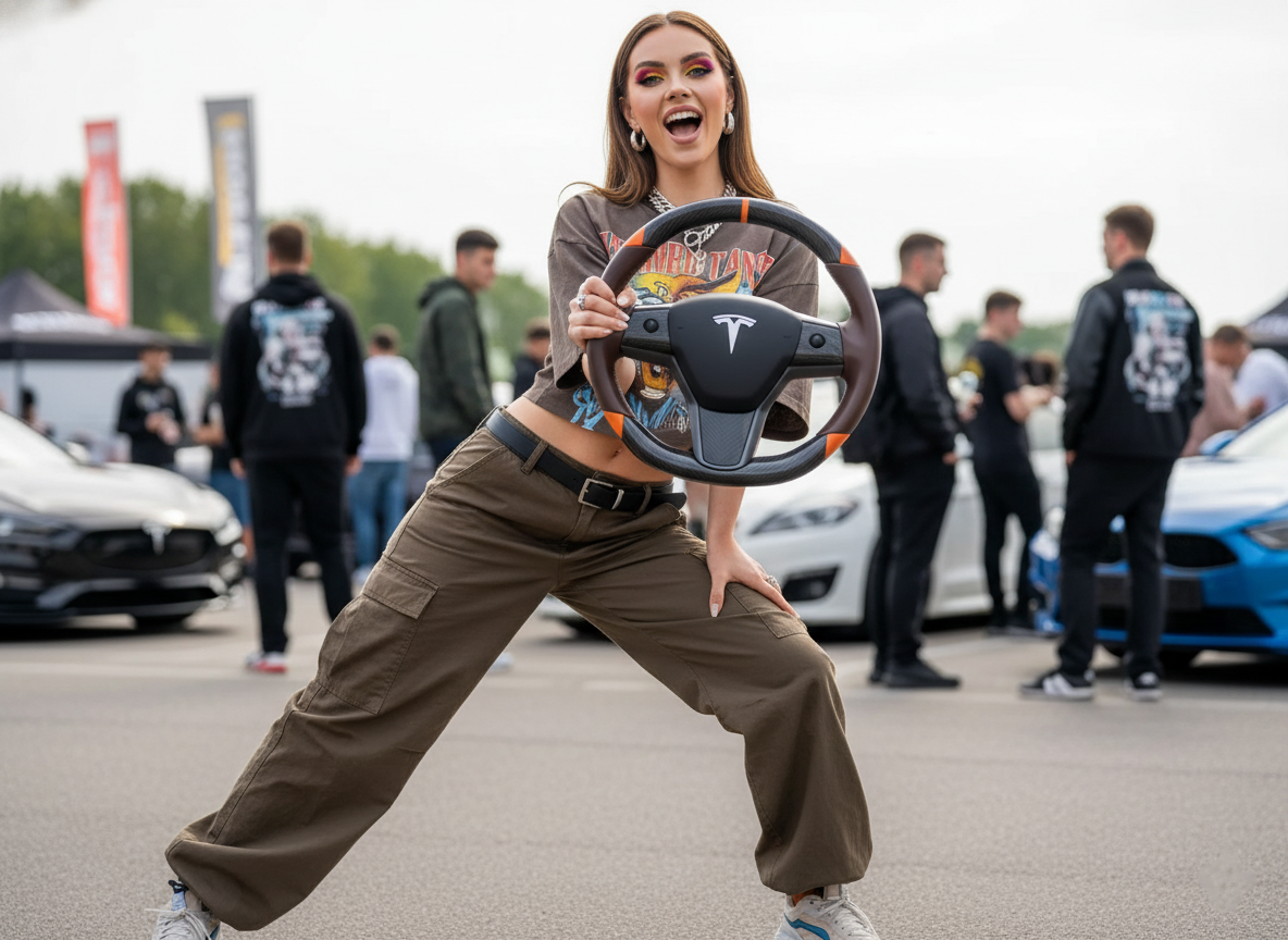 Brown and orange Carbon Fiber Tesla Model 3 Custom Steering Wheel -DYNA(2017-2023.9) Axeco