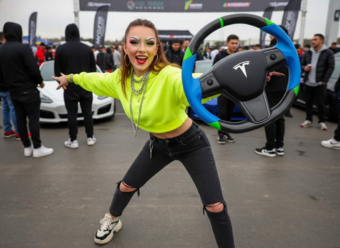 Blue and green leather black carbon fiber Tesla Model Y steering wheel - DYNA (2020-2024) Axeco