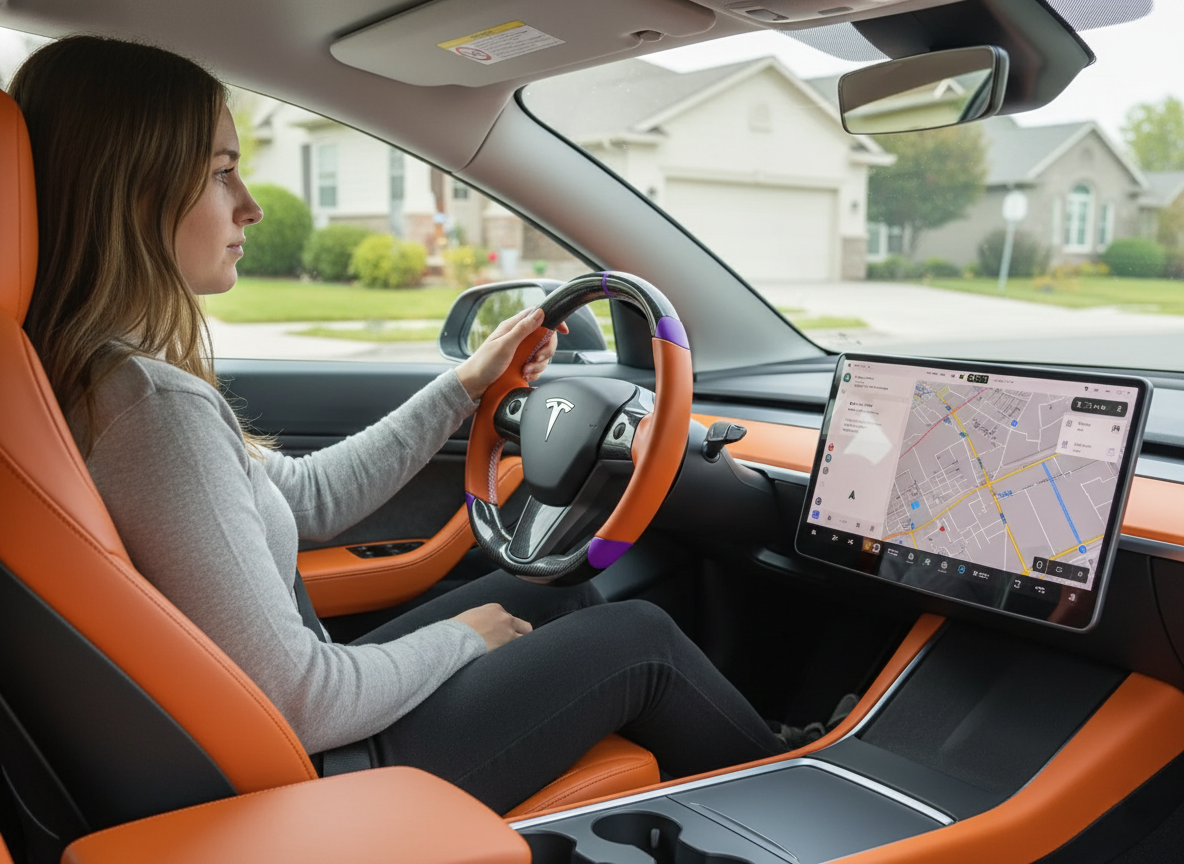 Orange and purple leather black carbon fiber Tesla Model Y steering wheel - DYNA (2020-2024) Axeco