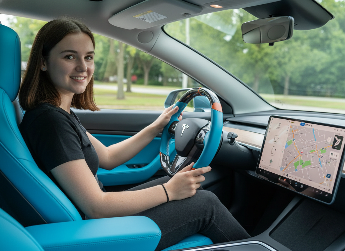 Light blue and orange Carbon Fiber Tesla Model 3 Custom Steering Wheel -DYNA(2017-2023.9) Axeco