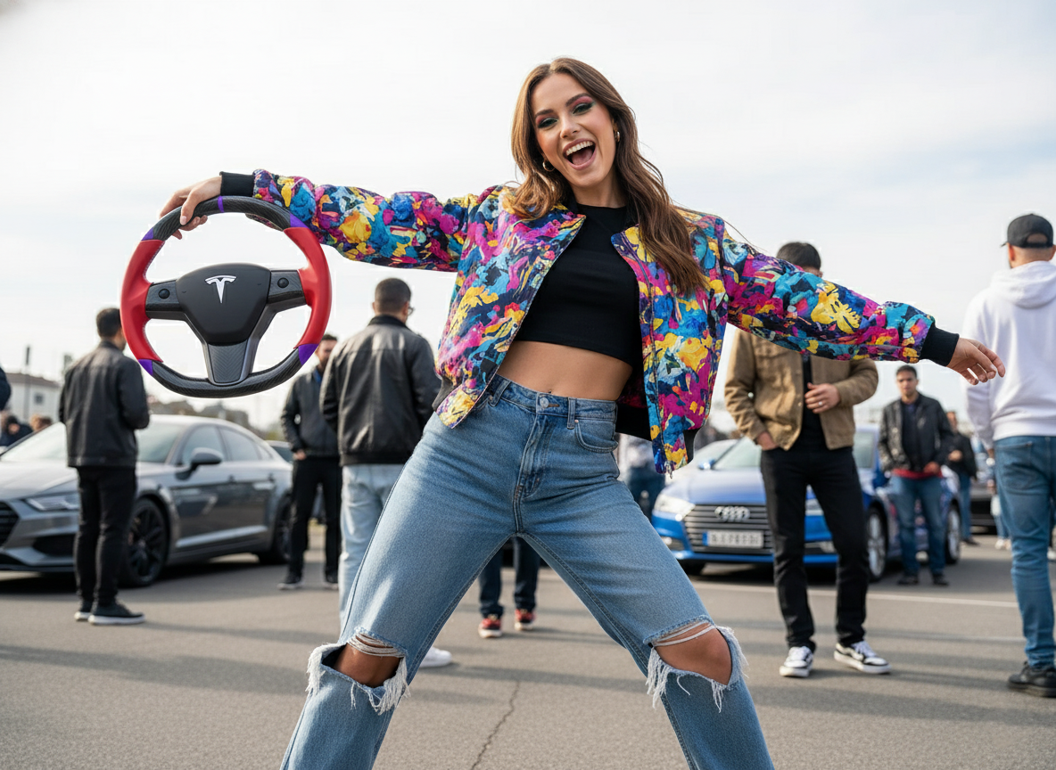 Red and purple leather black carbon fiber Tesla Model Y steering wheel - DYNA (2020-2024) Axeco