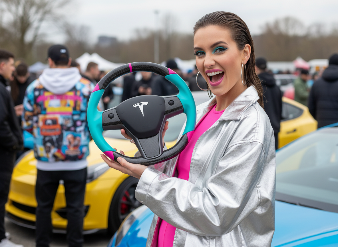 Light blue and pink Carbon Fiber Tesla Model 3 Custom Steering Wheel -DYNA(2017-2023.9) Axeco