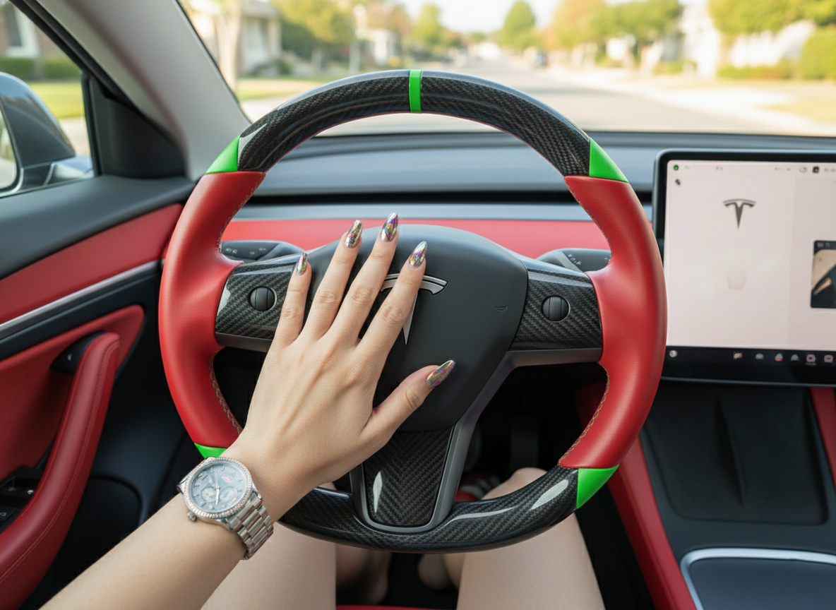 Red and green leather black carbon fiber Tesla Model Y steering wheel - DYNA (2020-2024) Axeco