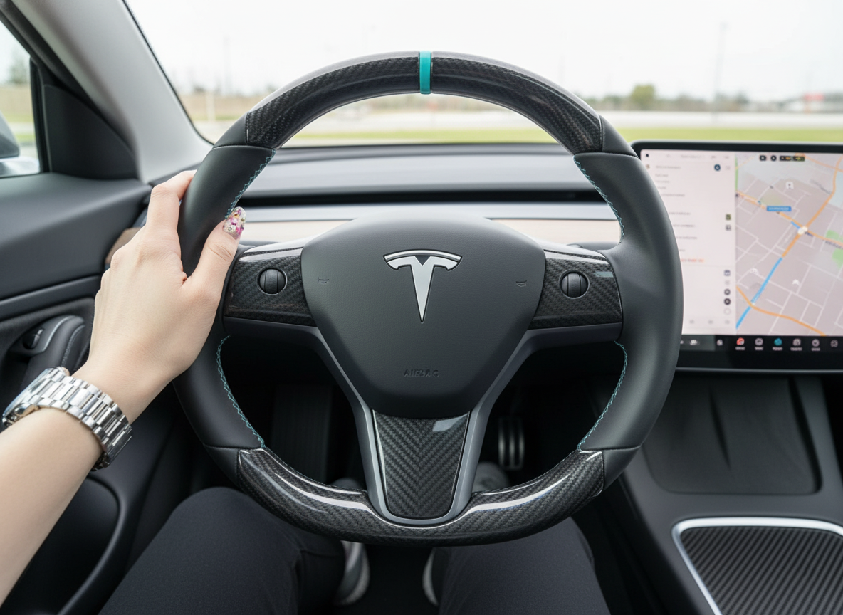 Black Carbon Fiber Tesla Model Y Steering Wheel - DYNA(2020-2024) Axeco