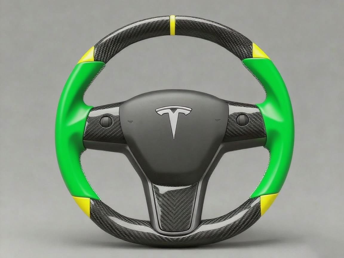 Green and yellow Carbon Fiber Tesla Model 3 Custom Steering Wheel -DYNA(2017-2023.9) Axeco