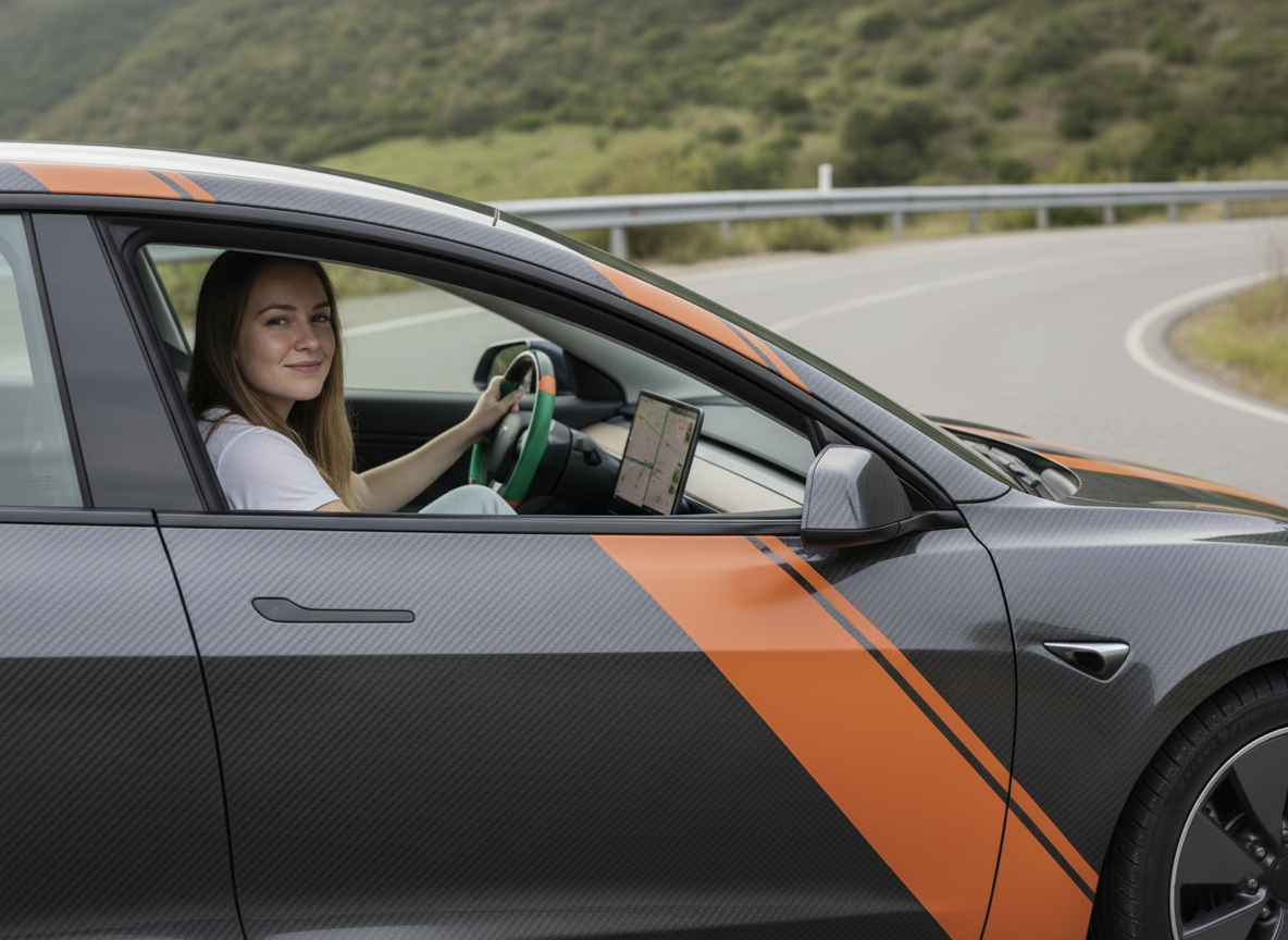 Green and orange Carbon Fiber Tesla Model 3 Custom Steering Wheel -DYNA(2017-2023.9) Axeco